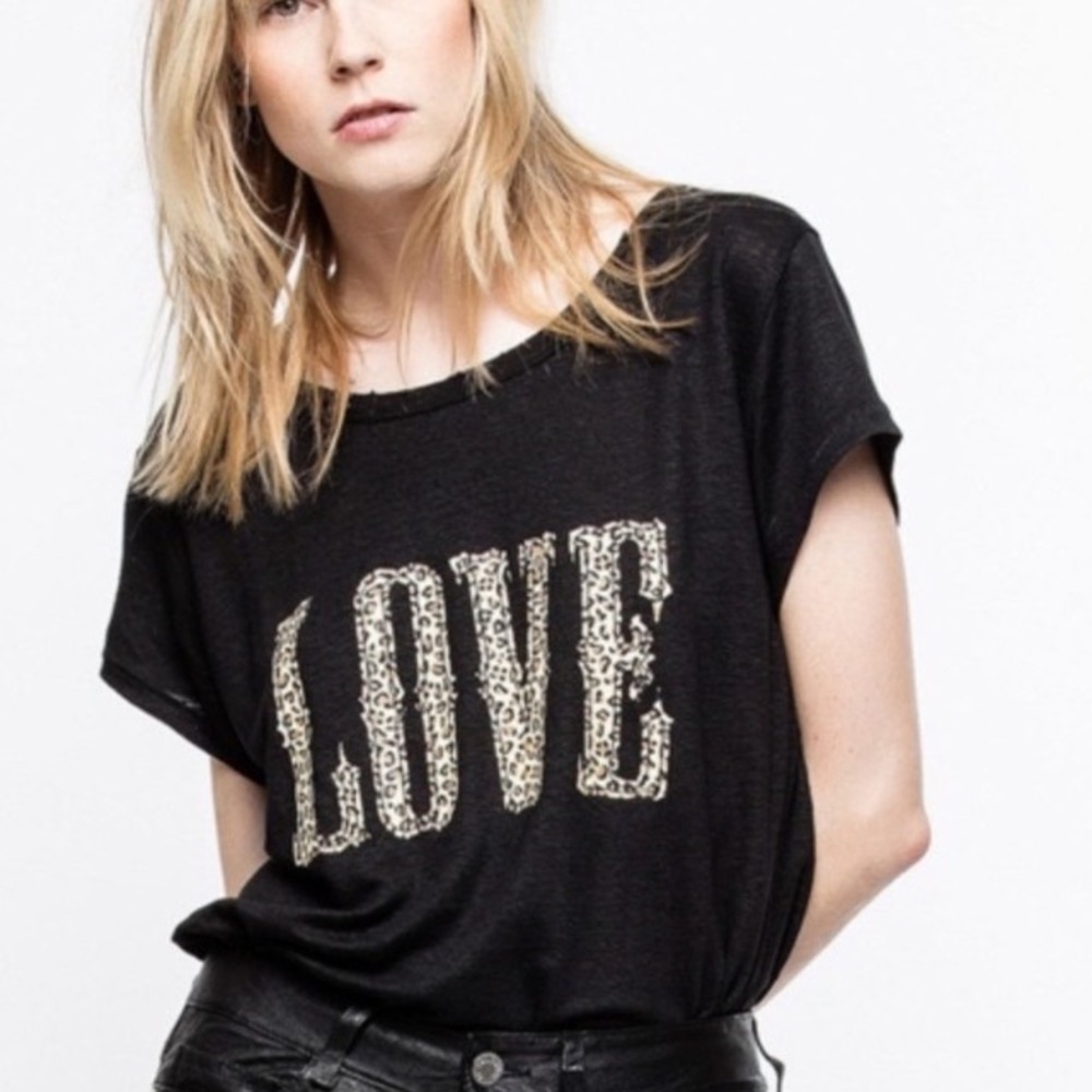 Zadig & Voltaire Meryl Lin Love Black Linen Leopard Graphic Tee XS WGTP1804F